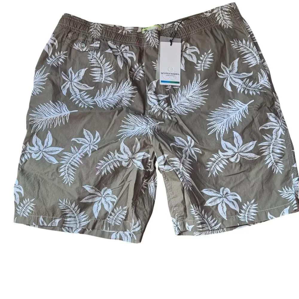 Scotch & Soda Men's Printed Poplin Bermuda Shorts Khaki Leaf Size 2XL NWT